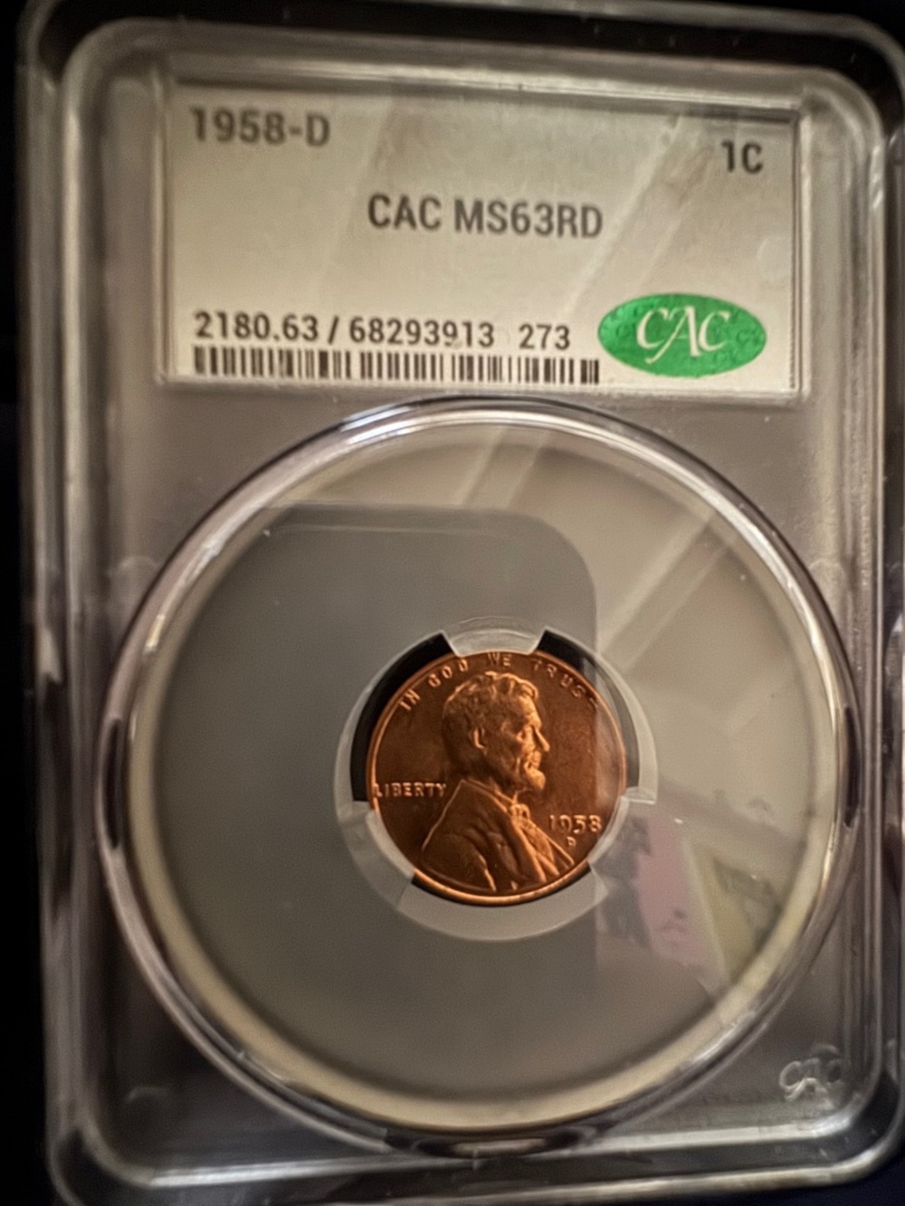 1958-D Wheat back Cent CAC MS63 + RED